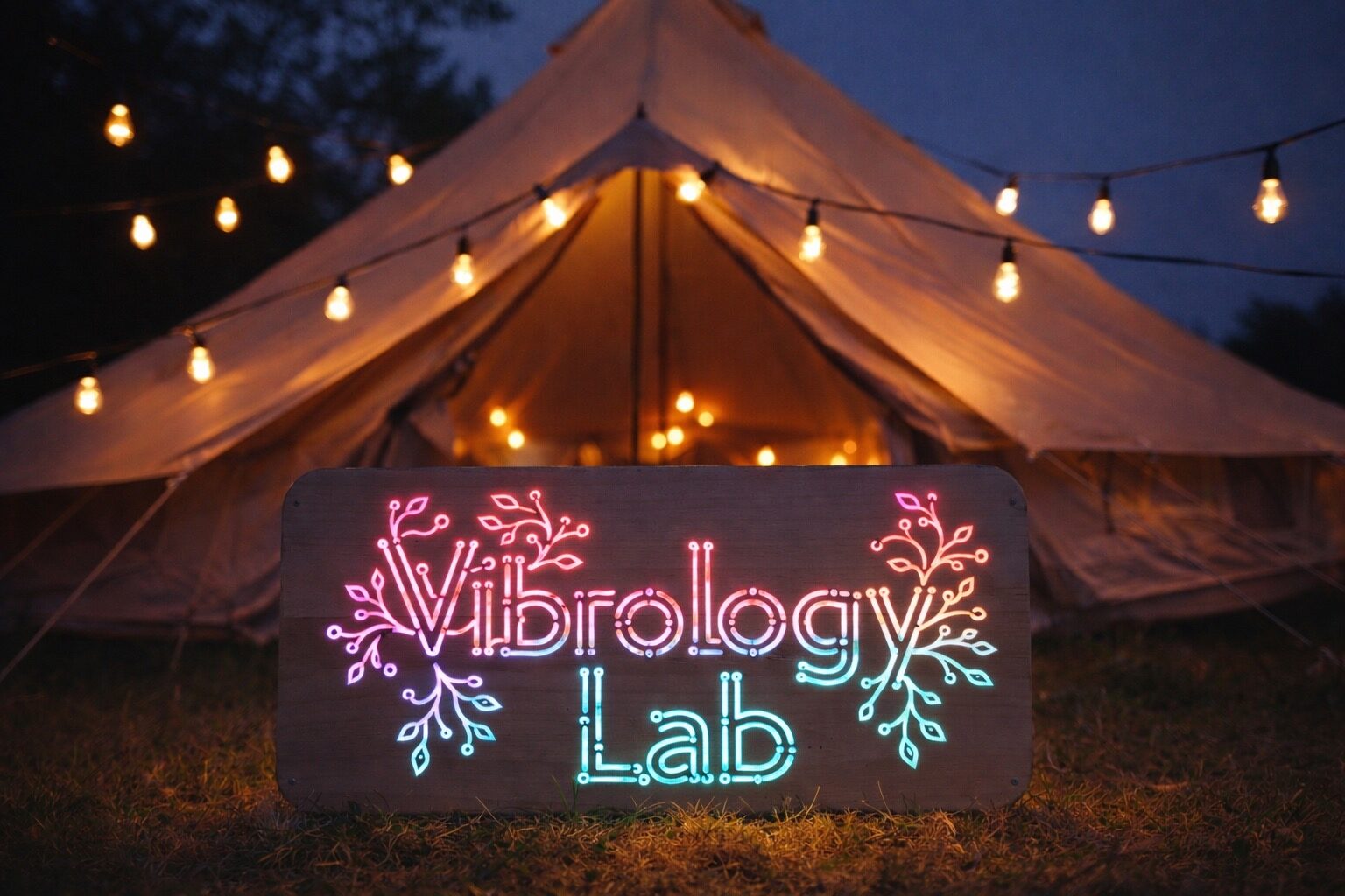 The Vibrology Lab sign glowing in pink and cyan neon beside a canvas tent at dusk