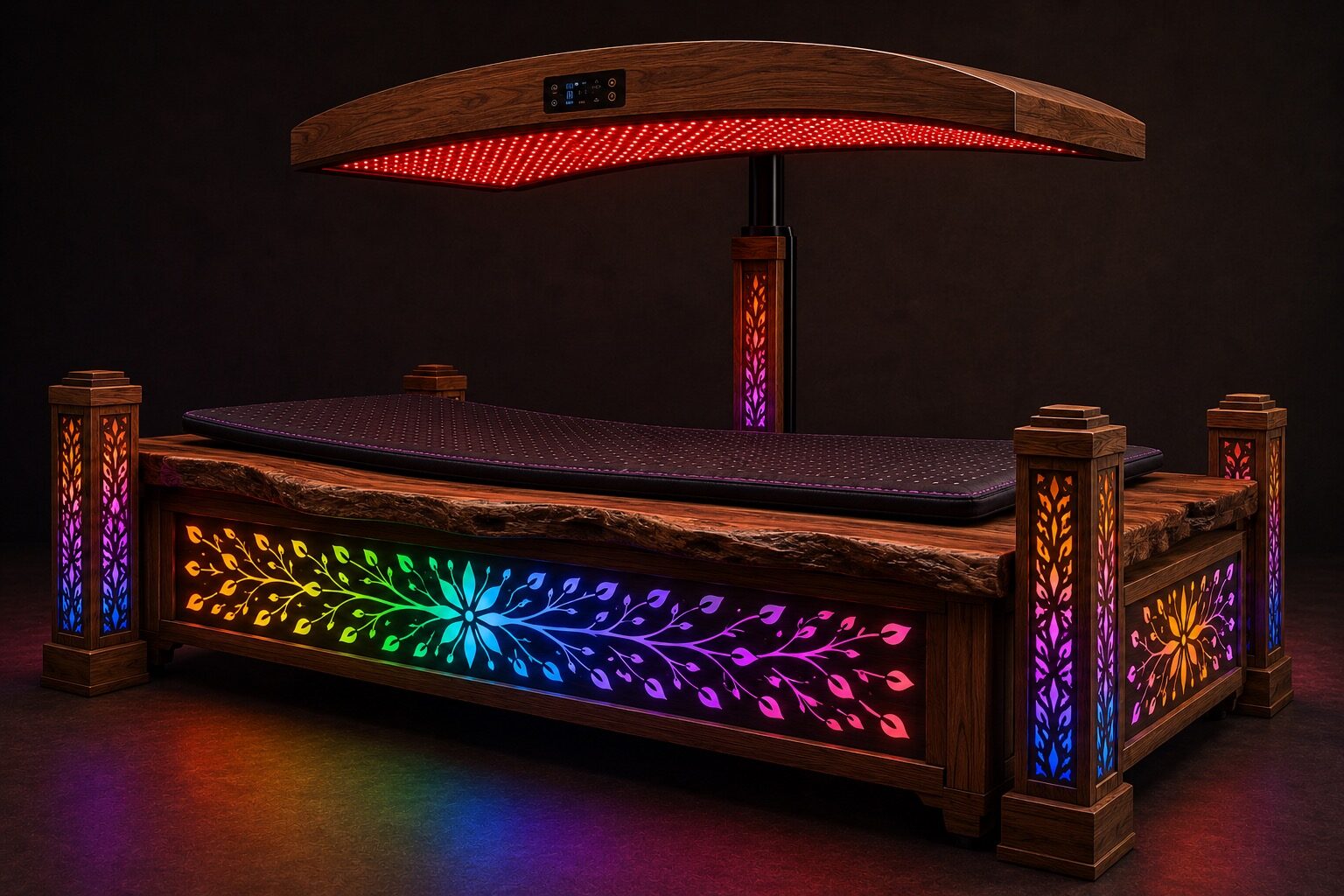 A concept rendering of a future luxury Vibro Vessel in rustic wood with a curved red light canopy
