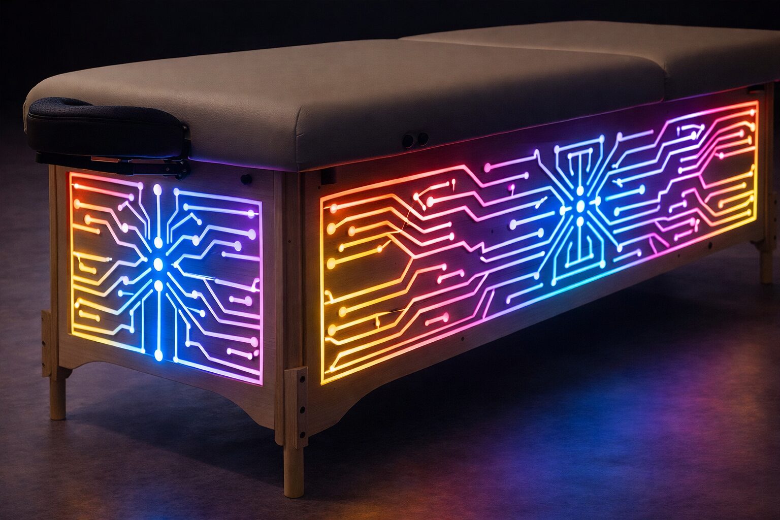 Close-up of the illuminated botanical circuit motif on an empty Vibro Vessel