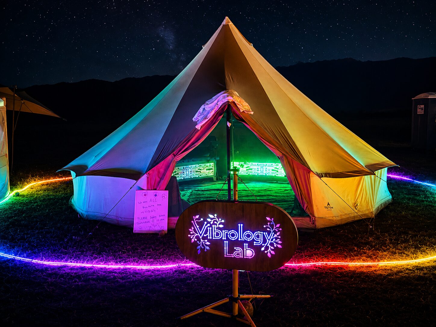 Vibrology Lab sign glowing under a starry night sky at an outdoor gathering
