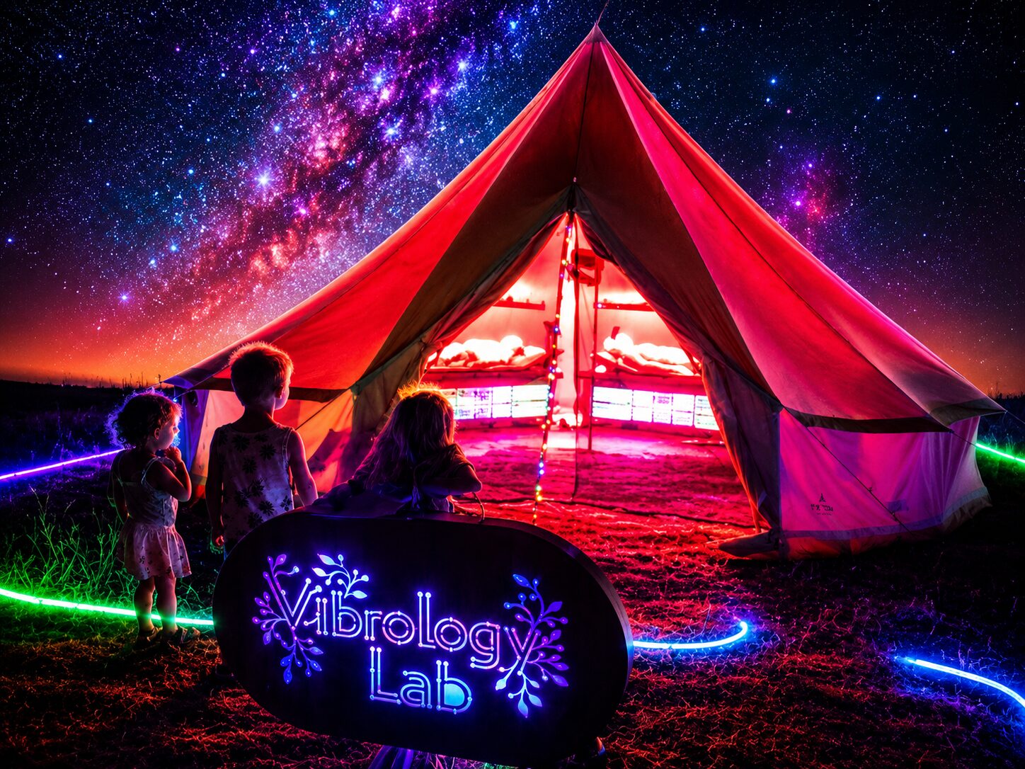 A dreamlike vision of a future Vibrology Lab glowing beneath a starlit sky