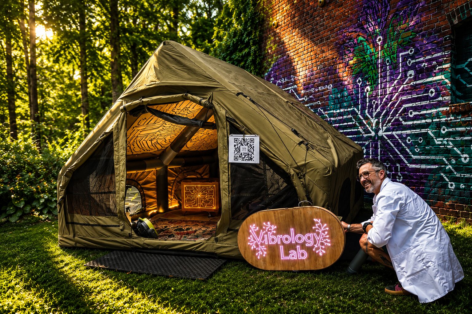 The Vibrology Lab tent nestled in a forest beside a mural wall
