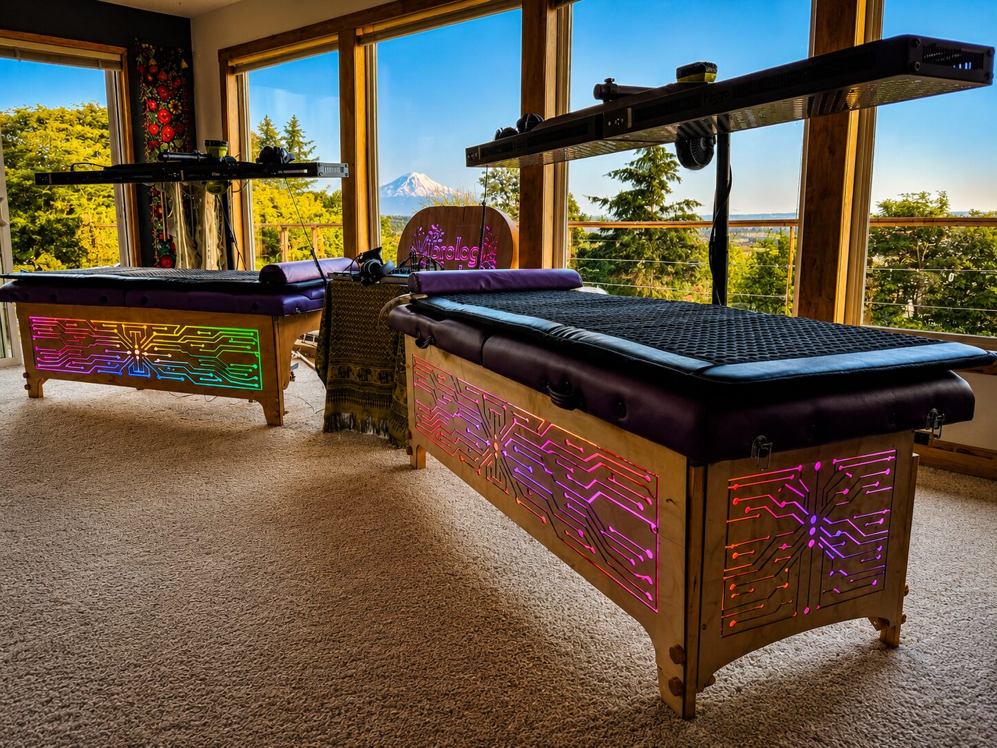 Two Vibro Vessels set up in a home living room overlooking a mountain view