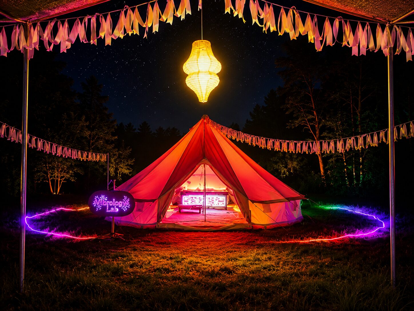 The Vibrology Lab sign glowing outside a canvas tent at dusk, string lights above
