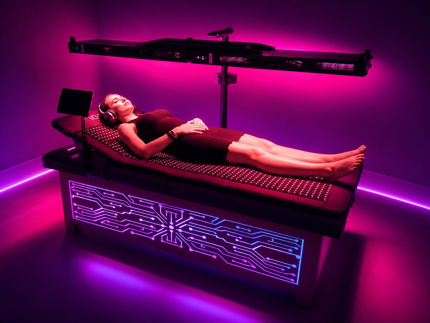 A person resting on the Vibro Vessel, bathed in magenta and violet light