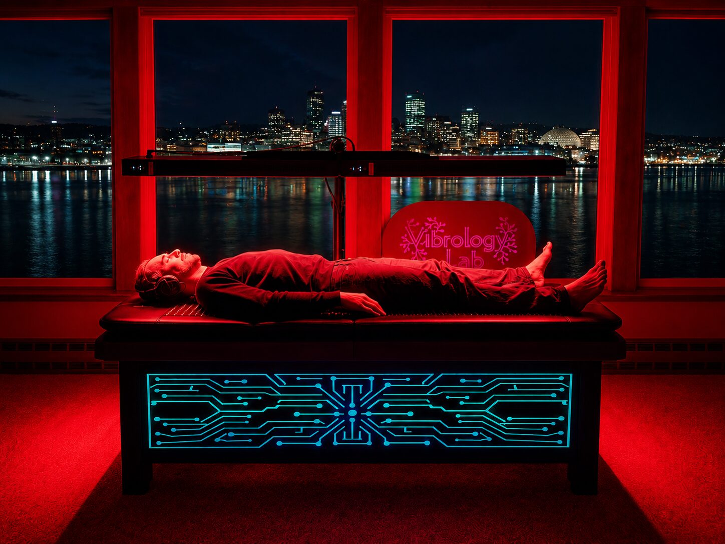 A person resting on the Vibro Vessel beneath its red light canopy, overlooking a city skyline at night