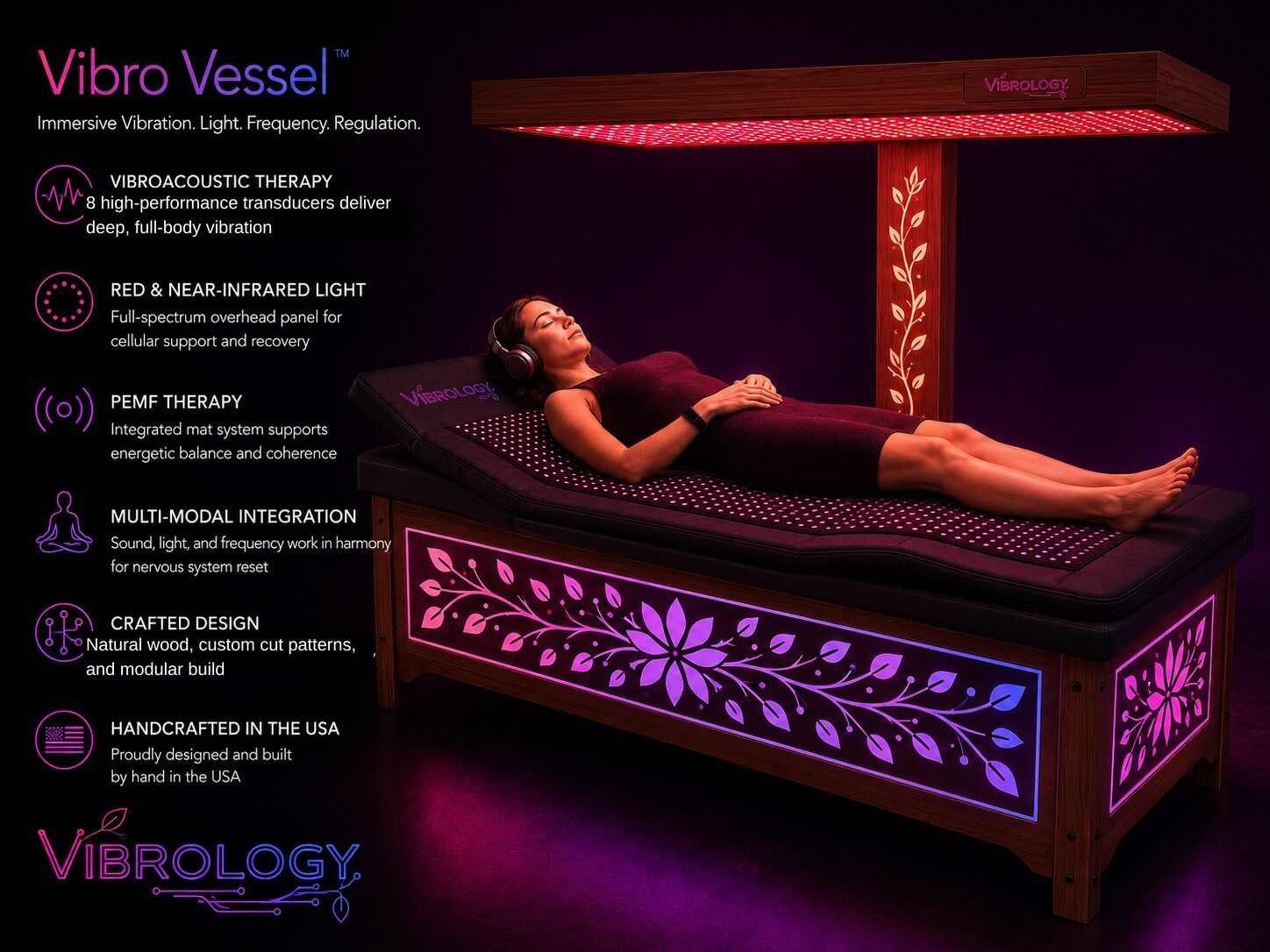 Vibro Vessel spec sheet: vibroacoustic therapy with 8 transducers, red and near-infrared light, PEMF therapy, multi-modal integration, crafted design, handcrafted in the USA